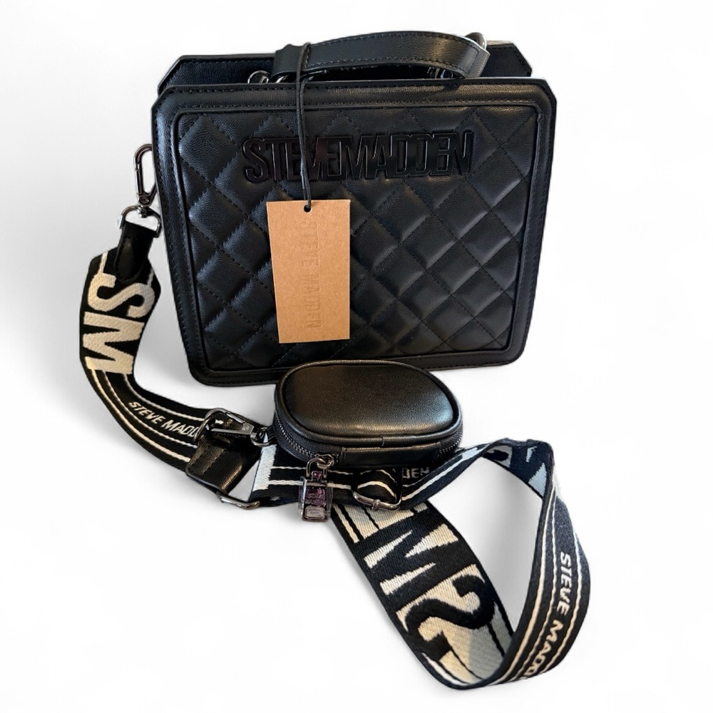Steve Madden Black Quilted BLACK STRAP OR GUITAR STYLE STRAP Crossbody Bag